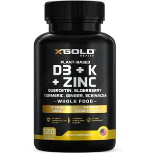 Vitamin D, K2, K1, Zinc, Quercetin, Elderberry, Turmeric, Ginger & Echinacea Whole Food Supplement 8 in 1- D3 5000 IU Plant-Based from Lichen, Vitamin K (K2 MK7, MK4, K1), D3 K2 Vitamins -120 Capsules, 06/28