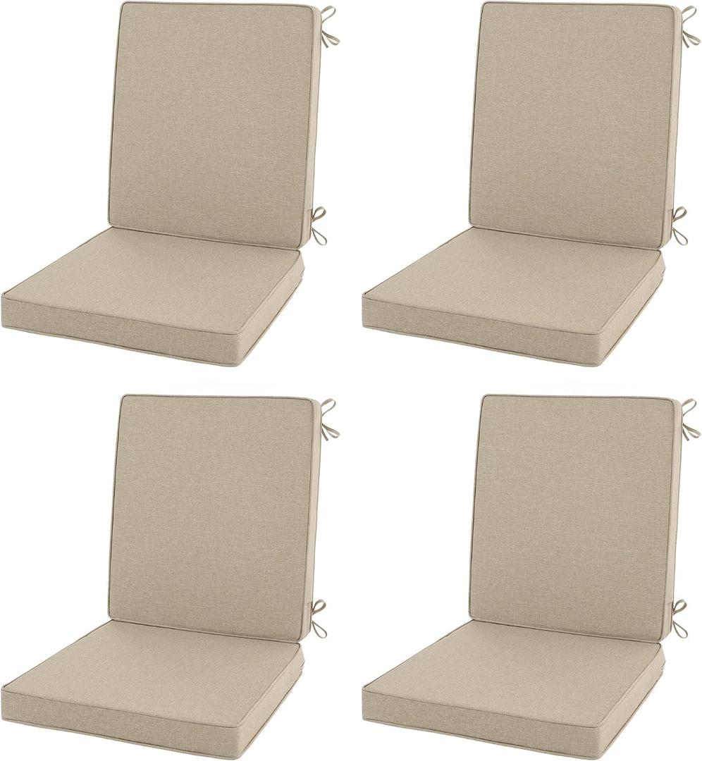 Outdoor Chair Cushions, Water-Resistant & Fade-Resistant, Patio Furniture Lawn Dining Chair Seat Replacement with Mid Back, Ties Zipper, Removable Cover, 18 x 16.5 Inch, Set of 4, Natural
