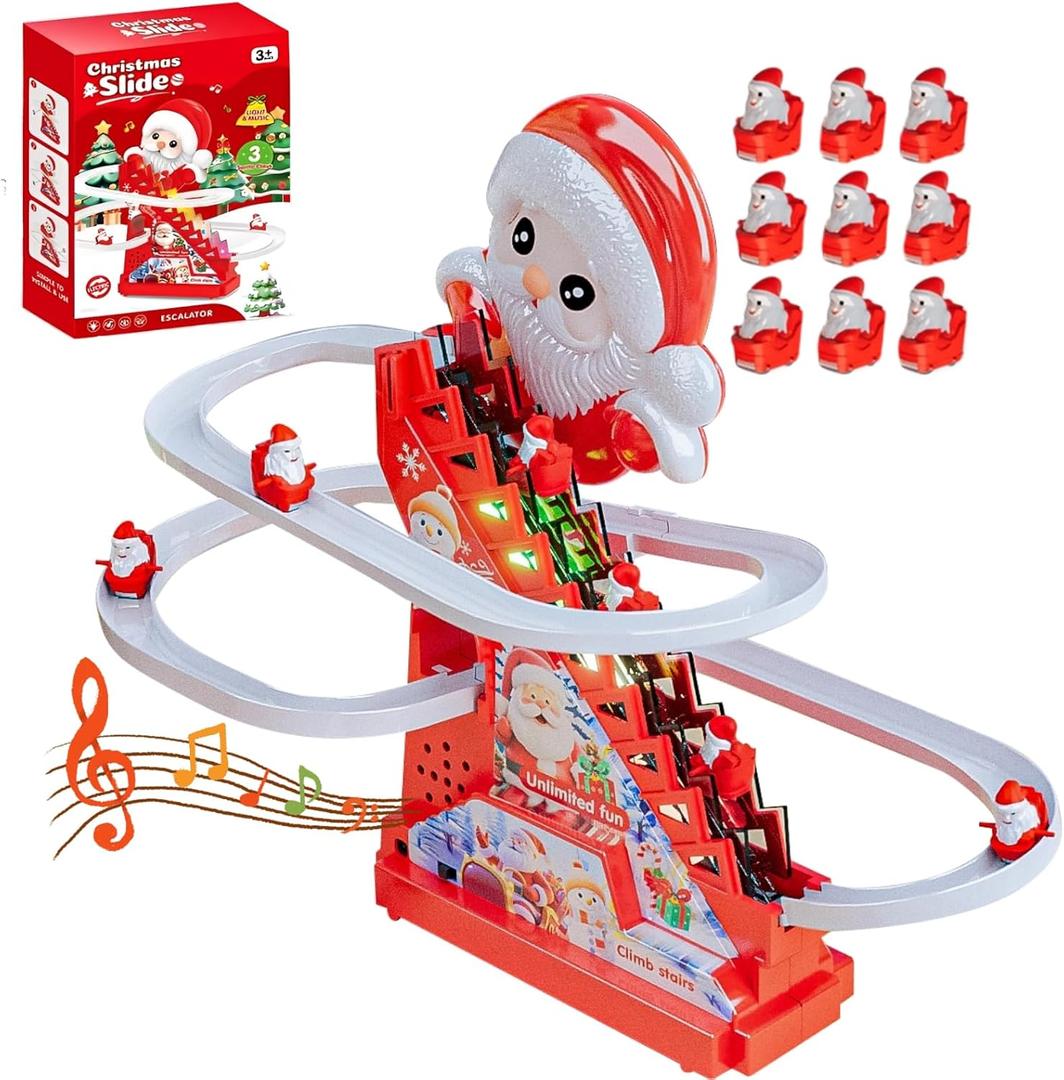 Climbing Stair Slide Toy, Electric Santa Roller Coaster Toy Set with LED Flashing Lights & Music, Christmas Roller Climbing Toys for Kids Boys Girls 9Pcs Santas