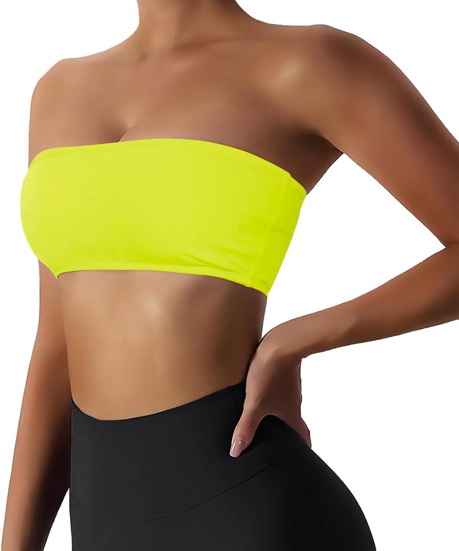 Boudaner Womens Padded Bandeau Sports Tube Top Bra Strapless Wireless Solid Seamless Yoga Workout Bralette (Yellow, L)
