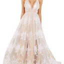 Women’s Casual Boho Floral Lace V-Neck Dress Embroidery Cocktail Maxi Dress Bridesmaid Wedding Evening Party, L