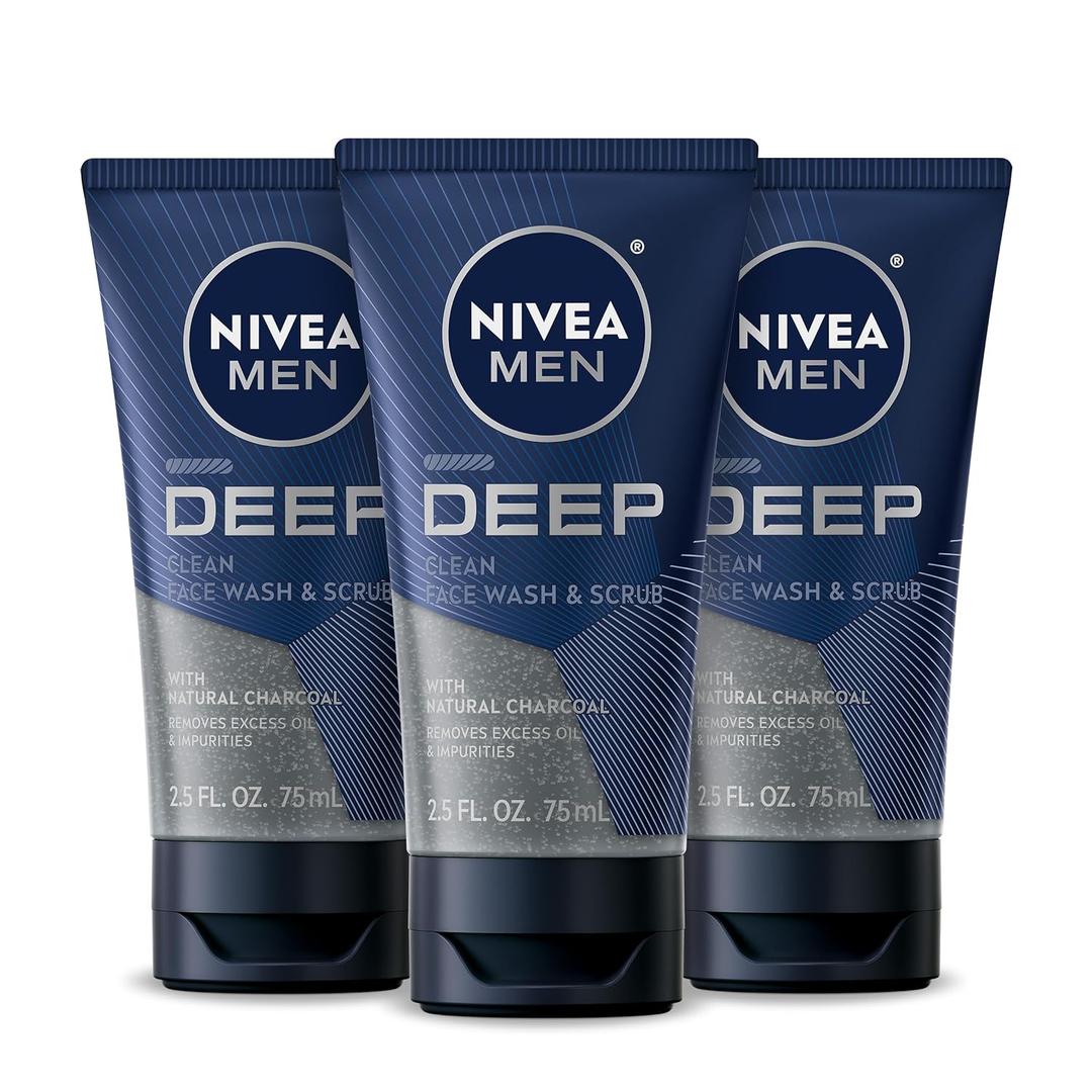 Nivea Men Deep Clean Face Wash and Scrub With Natural Charcoal, Exfoliating Face Wash for Men Removes Excess Oil, Dirt and Impurities, Beard Friendly, 2.5 Fl Oz Tube, Pack of 3