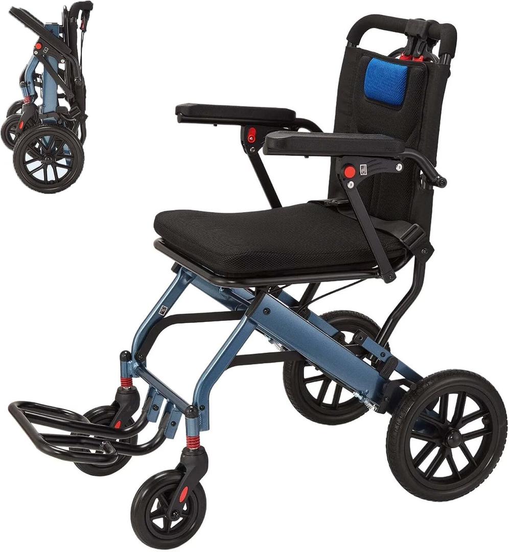 Garvee Portable Lightweight Folding Wheelchair – Wide Frame Aviation Aluminum, Shock Absorbing 10" Rear Wheels, Comfortable PVC Seat, Two-Stage Brake, Mobility Aid Transport Chair – Navy Blue