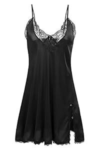 Ekouaer Nightgowns for Women Sexy Lingerie Satin Sleeveless Babydoll Nightie Lace Chemise Silk Sleep Dress Black L