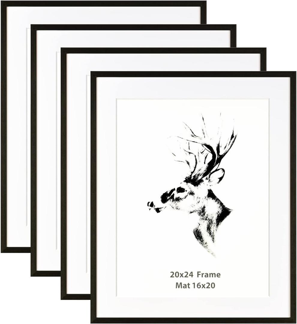 Yaetm 20x24 Black Picture Frame with Mat for 16x20 Set of 4, Solid Wood Gallery Wall Frame for Photos, Posters & Art Prints, Horizontal and Vertical Wall Mount (4 Pack, Anthracite Black)