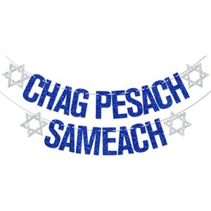Chag Pesach Sameach Banner, Happy Passover Decorations, Egypt Festival Holiday Party Decoration Supplies, Jewish Pesach Festival Matzo Banner Blue & Silver Glitter