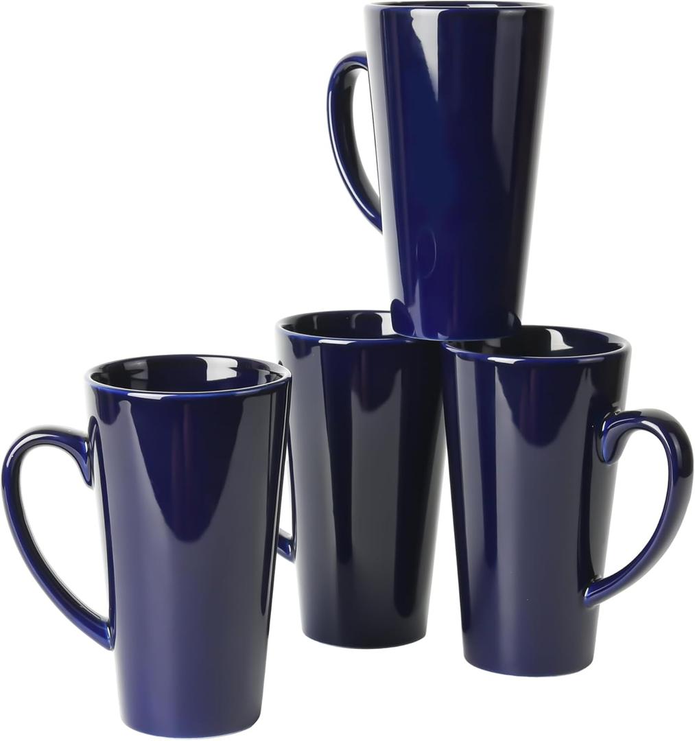 16oz Funnel Ceramic Tall Coffee Mugs for Coffee, Tea, Cocoa, Latte, Milk set of 4(Cobalto)
