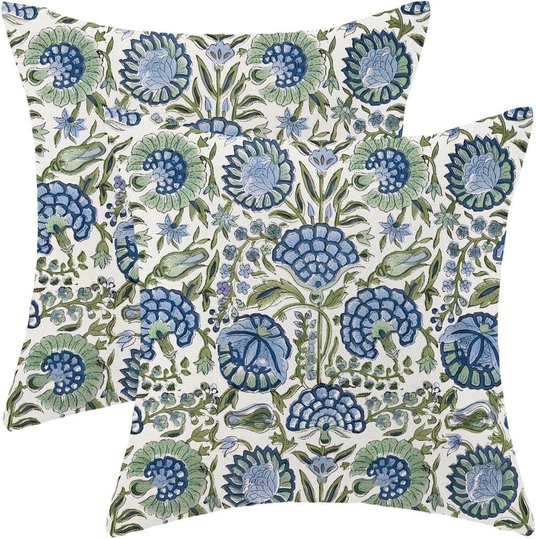Vintage Blue Sage Green Floral Pillow Covers 18 x 18 Inch Set of 2 Boho Flowers Throw Pillows Outdoor Decorative Spring Summer Farmhouse Pillowcase Linen Cushion Cases for Bed Sofa Couch