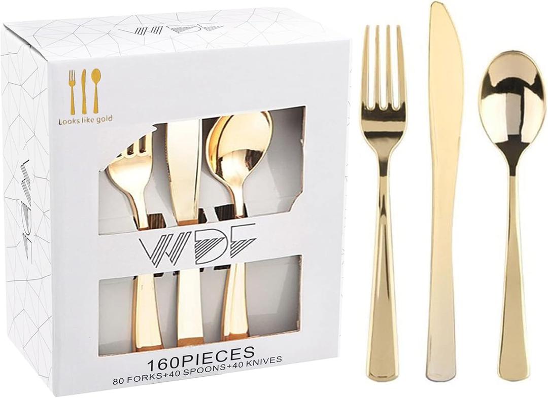 WDF 160 Piece Gold Plastic Silverware - Heavy Duty Gold Silverware Includes 80 Forks, 40 Spoons, 40 Knives, Plastic Utensils Perfect for Wedding, Christmas Party