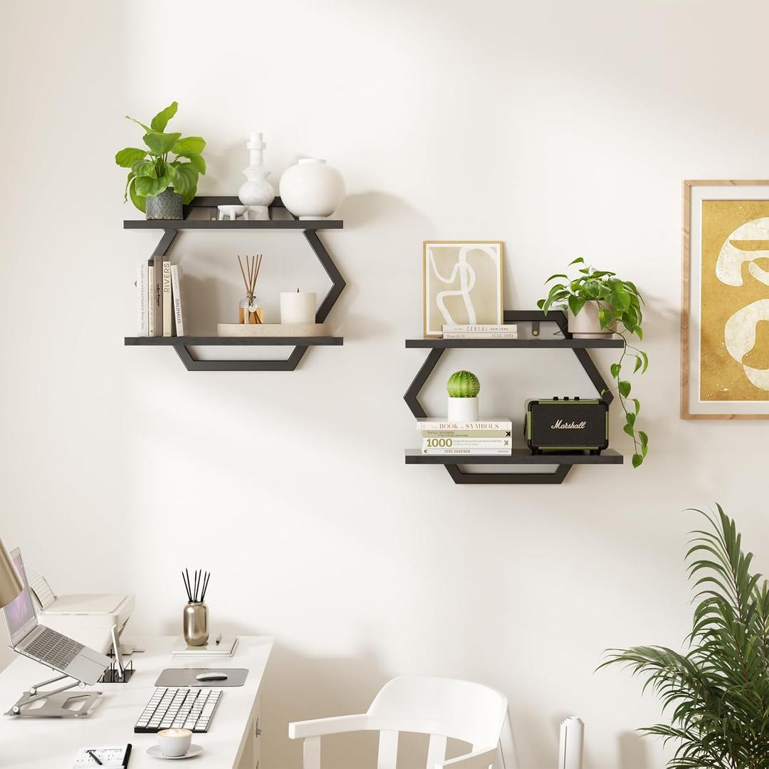 Floating Shelf- Floating Shelf for Wall Set of 2, 2 Tier Foating Shelves for Wall for Bathroom, Bedroom, Toilet, Kitchen, Living Room, Office, Black