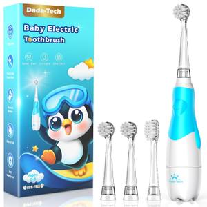 DADA-TECH Toddler Electric Toothbrush Kids Age 1-2-3 Years Old, Baby Electric Toothbrush with LED Light 2 Minutes Timer 4 Vibrating Heads for Infants (Blue Penguin)