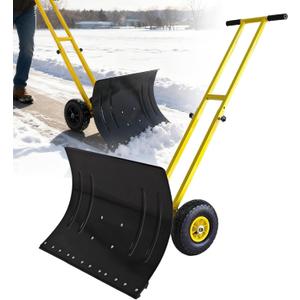 Snow Shovel, 29 Wide Heavy-Duty Metal Snow Pusher, 10 Pneumatic Rubber Wheels, 7-Position Angled Blade, Adjustable Height Anti-Slip Handle, Snow plow for Doorway, Driveway, Sidewalk