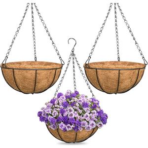 ZeeDix 3 Pack 16 Inch Large Hanging Baskets for Plants Outdoor with Coconut Liners Replacement, Hanging planters Baskets with Natural Coco Liner for Outdoor Indoor Planters Flowers Vegetables