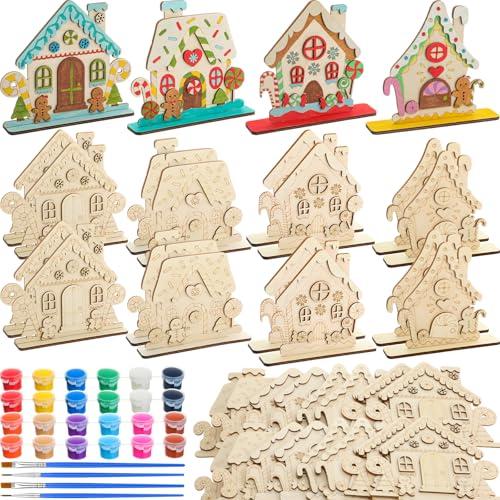 DoubleFill 24 Set DIY Wood Christmas Gingerbread House Paint Craft Kit Unpainted Ceramics Plaster Keepsake with Painting Set for Christmas Holiday Party DIY Art Project Decoration Paint Brushes
