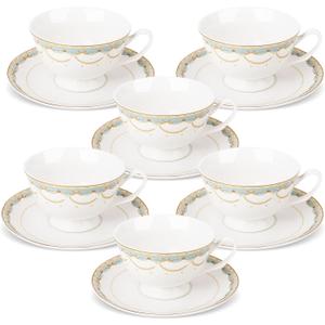 fanquare Blue Lace Teacup and Saucers Set with Gold Trim, Bone China British Coffee Cups and Saucers for Afternoon Tea Coffee Party Gifts