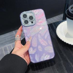 Case for iPhone 13 Pro Max,Cute Sparkle Lens Protector Laser Feather Pattern Full CameraProtection Anti-Drop Frame Electroplated Button Stylish TPUProtective Case-TaroPurple