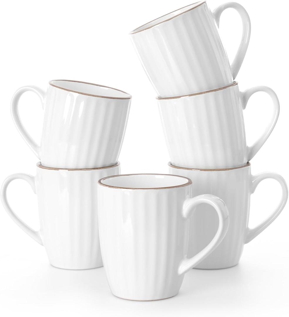 famiware Coffee Mugs Sets for 6, 12 oz Mug Set, Coffee Cups with Handle for Coffee, Tea, Cocoa and Milk, Microwave and Dishwasher Safe, White Stripe