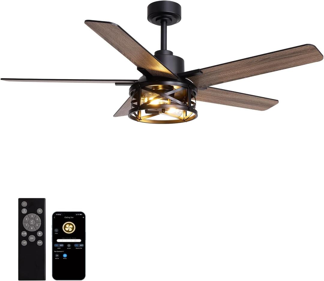 52 Inch Ceiling Fans with Lights and Remote Control, Low Profile Farmhouse Ceiling Fan for Bedroom Living Room and Patio, Black Caged Ceiling Fan for Indoor and Outdoor（NO BULBS）