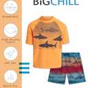 Big Chill Boys Swim Set - 2 Piece Quick Dry UPF50+ Protection Rash Guard Swim Shirt Short Sleeve and Swimming Trunks for Boys, Size 7, Orange Gradient Shark