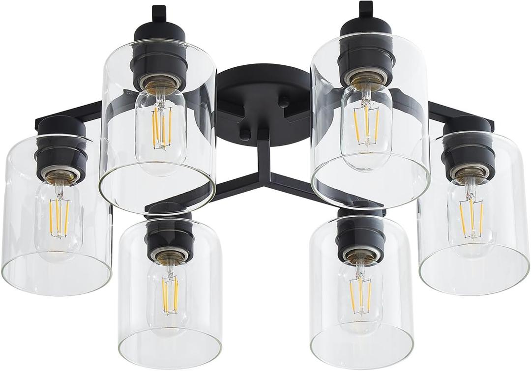 6 Light Semi Flush Mount Ceiling Light Black Kitchen Lighting Fixtures Ceiling Industrial Large Cieling Light Fixtures, with Clear Glass Shade for Dining Room Living Room Kitchen Island Farmhouse