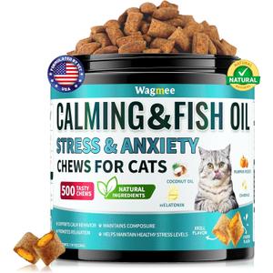 Wagmee Cat Calming Treats - 500 Crunchy & Creamy Cat Chews with Melatonin, Chamomile for Cat Stress and Anxiety Relief - Travel, Vet Visits, Storms and Separation Anxiety, Chicken and Krill Flavor BB Date 28 Aug 2027