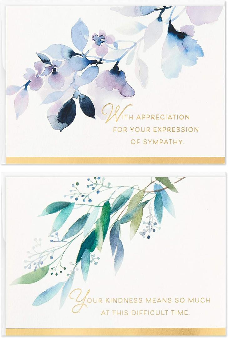 Hallmark Funeral Thank You Cards Assortment, Watercolor Flowers (50 Thank You for Your Sympathy Cards with Envelopes), 5.19 inches x 3.75 inches