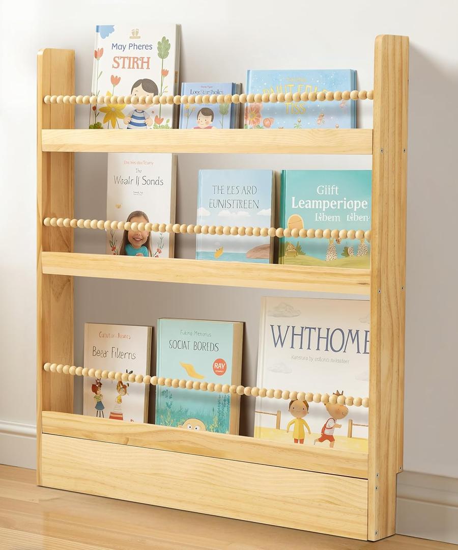 SUMGAR Kids Bookshelf for Kids Rooms Nursery Book Shelves Toddler Baby Montessori Bookcase for Bedroom Reading Nook Childrens Wooden Book Storage Organizer Rack for Girls Boys Daycare 3 Tier