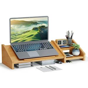 Ufine Bamboo Laptop Stand for Desk 3 Heights Adjustable Notebook Stand Computer Monitor Riser with 2 Tier Storage Shelf, Desktop Organizer Printer Stand for Home Office