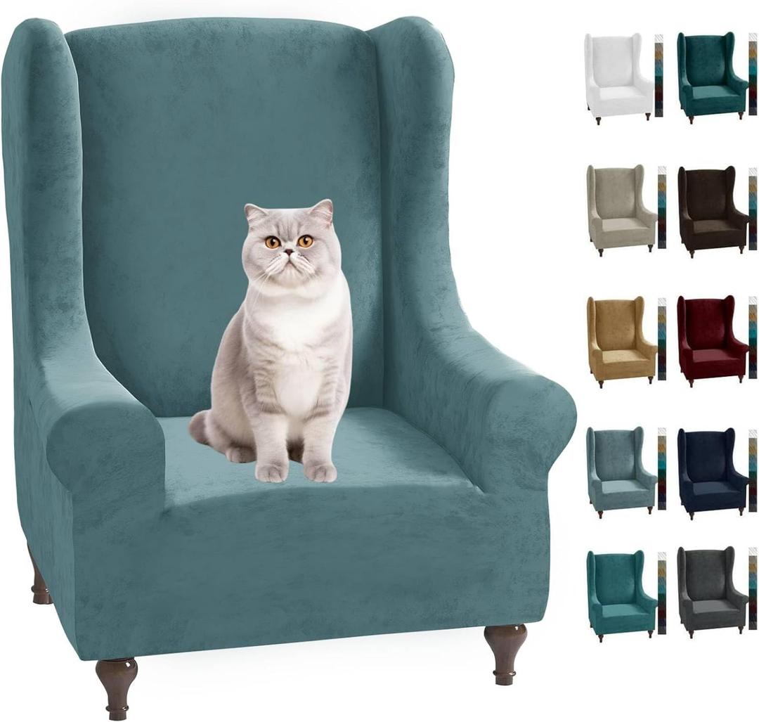 MAXIJIN Stretch Velvet Wingback Chair Slipcover 1-Piece Soft Stylish Plush Slipcovers for Wingback Chairs Thick Rich Velvet Wing Chair Cover with Elastic Bottom (Wing Chair, Dusty Blue)