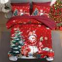 7 Pcs Queen Size Christmas Comforter Set with 2 Pillowcases & 2 Shams, Red Cute Snowman Bedding for Kids and Adults, Farmhouse Truck Snow Bed in a Bag with Flat Fitted Sheet