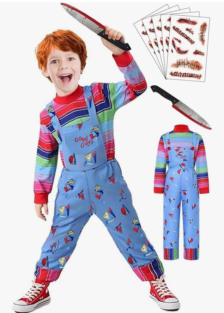 【5 Sizes for 3-11Y】 Halloween Chucky Costume for Kids Jumpsuit Long Sleeve Rainbow Shirt Scar Tattoos Prop Knife