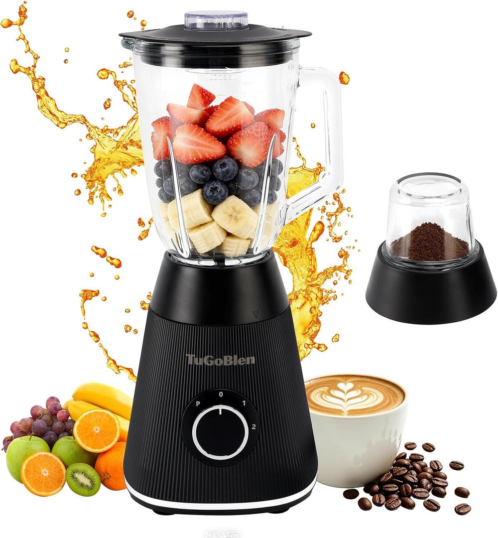 Countertop Blender with 51oz Glass Blending Jar and 6.7oz Glass Grinding Cup, for Smoothies, Milkshake, Jam, Crushed Ice, Spices, Nuts, Beans, Works Well at Home, Office, Party and Festival