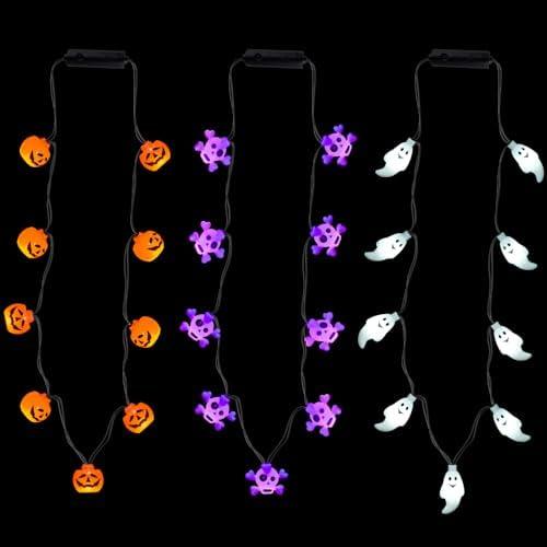  Bstge 3 Pcs Halloween Light Up Necklace, 3 Modes Pumpkin Lights for Halloween Party Favor and Supplies, Novelty Halloween Jewelry, Trick or Treat Halloween Accessories Gifts 