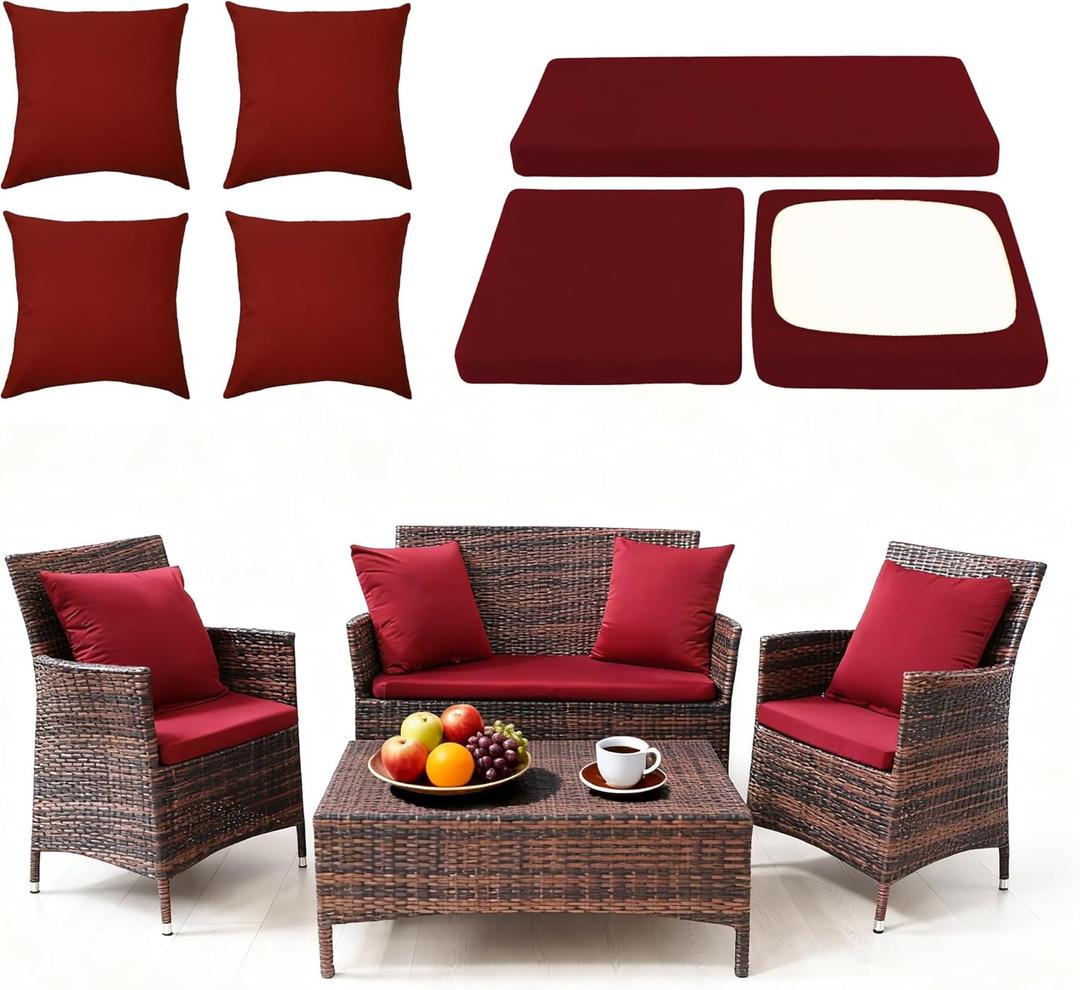 Waterproof 3-Piece Patio Sofa Cushion Cover Set - Replacement Covers for Outdoor Wicker Furniture, Bench & Seat Cushions with 4pcs Throw Pillow Cover (Wine Red)
