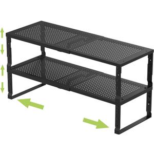Expandable Adjustable Stackable Kitchen Organizer, Spice Rack,Metal Pantry Storage Shelves Racks,Counter Shelf for Cabinets, Countertop, Cupboard (2 Packs/Large/Black) (10.24"D x 16.6"~26.5"W x 6.1"/7.5"H)