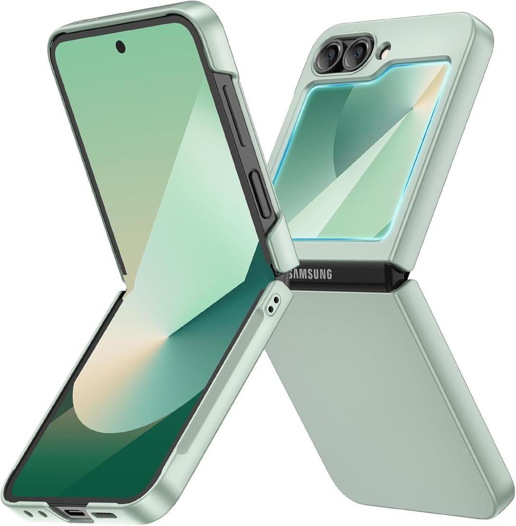 Ruky for Galaxy Z Flip 6 Phone Case, Built-in Back Screen Protector, Hard PC Ultra Slim Anti-Scratches Shockproof Wireless Charging Phone Case for Samsung Galaxy Z Flip 6, Mint Green