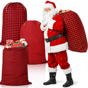 Sweetude 3 Pcs 35''x 55'' Extra Large Christmas Drawstring Gift Bags Cotton Red and Black Buffalo Plaid Bags Jumbo Christmas Presents Sacks for Xmas Holiday Candy Goodie Wrapping Party Favors