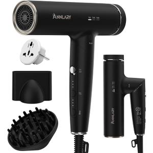 ANNLARY Dual Voltage Hair Dryer, Blow Dryer with Diffuser for Curly Hair | Plasma Ionic Hairdryer for Frizz Control | Foldable for Travel | 6.5Ft ALCI Cord | 110V-120V/220V-240V European Use