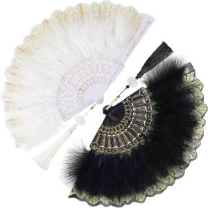 Namalu 2 Pieces Feather Hand Fan Embroidered Flower Marabou 1920s Feather Fan Hand Folding Drag Queen for 20s Women Costume Party Dancing Photoshoot Wedding Decor(White, Black)