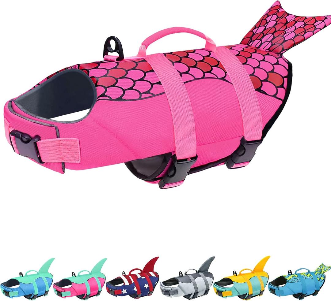 Malier Dog Life Jacket, Ripstop Dog Life Vest with High Buoyancy for Swimming Boating, High Visibility Shark Puupy Lifesaver for Small Dogs (Small) (Rose red-Mermaid)