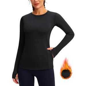Women's Thermal Fleece Tops Long Sleeve Workout Shirts Running Athletic Base Layer with Thumb Holes Zipper Pocket (Medium, Black)