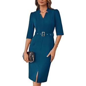 GRACE KARIN Women's Work Dress 3/4 Sleeve V Neck Bodycon Sheath Dress Zipper Up Office Business Dresses with Belt, XL