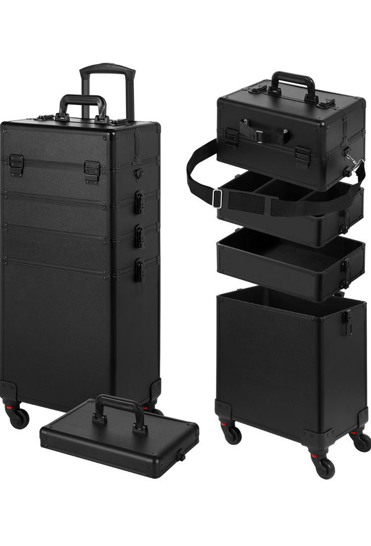 Rolling Makeup Case, Makeup Train Case with Lid, 5 in 1 Cosmetology Case on Wheels, Christmas Gift, Large Makeup Organizers, Profesional Cosmetic Case for Salon Barber, Black