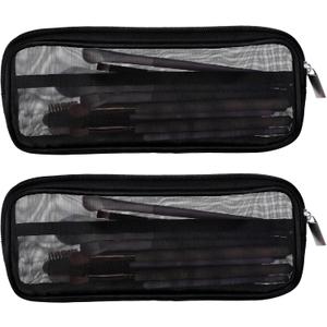 8.3 X 4 Inch 2 PCS Mesh Makeup Brush Bag Clear Travel Makeup Brush Holder Portable Mesh Travel Toiletry Bag with Zipper, Transparent Makeup Brush Storage Bag Cosmetics Brushes Organizer (Black)