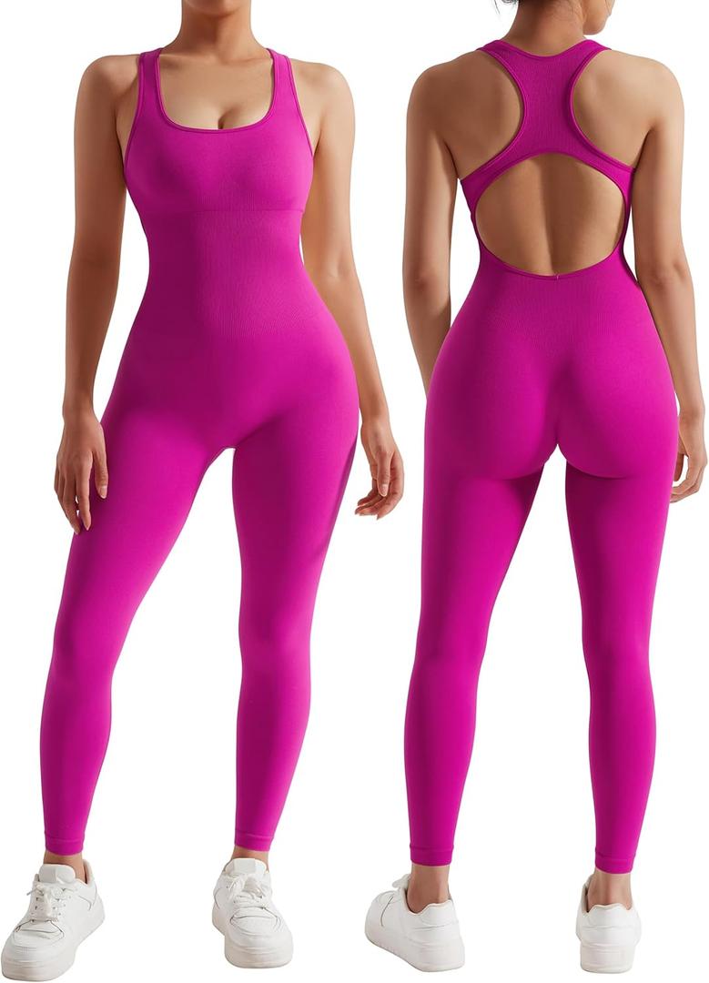 RXRXCOCO Women Backless One Piece Jumpsuits Sleeveless Scoop Neck Bodycon Romper Seamless Workout Athletic Yoga Jumpsuits Dragon Fruit X-Large