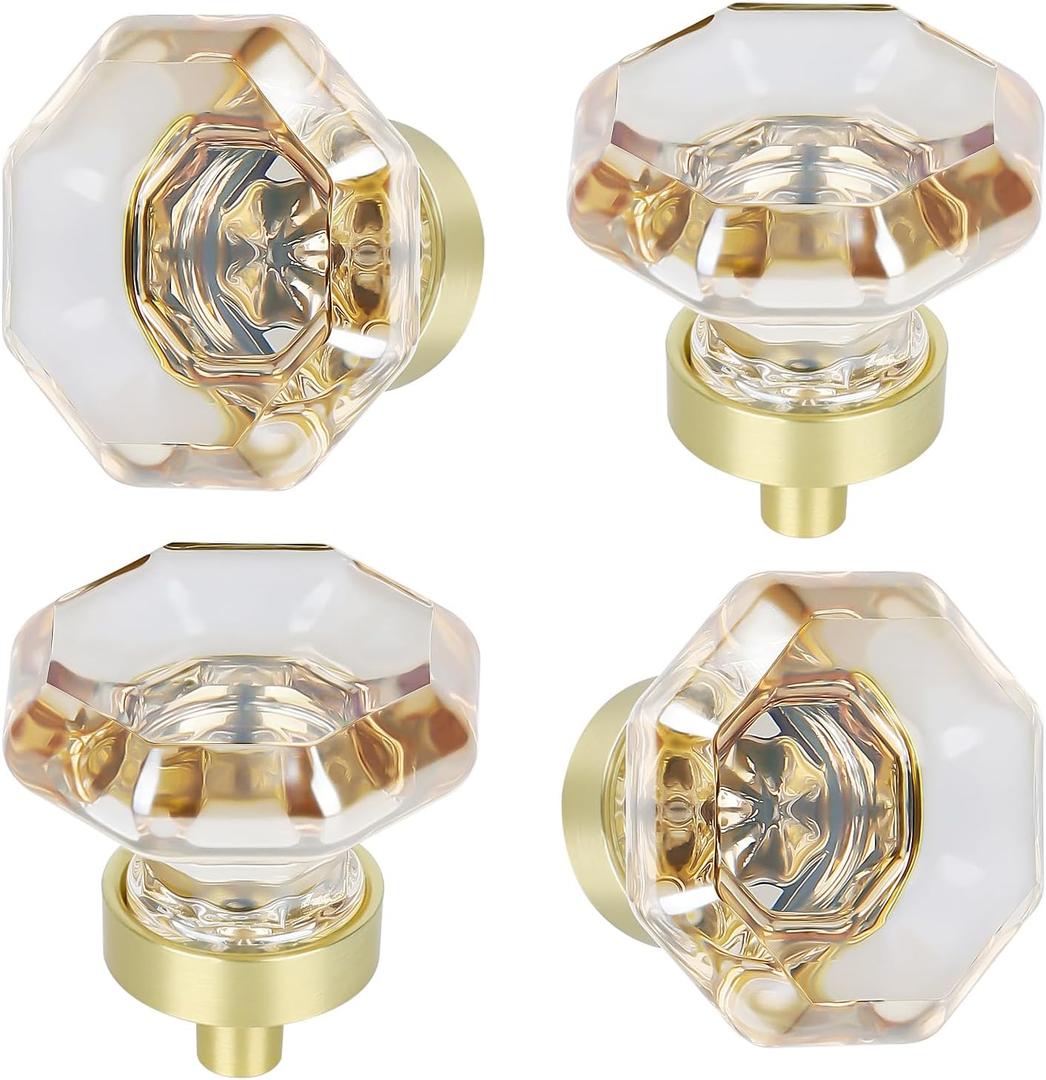 4 Pack Glass Cabinet Knobs and Pulls,Octagon Champagne Crystal Knobs for Dresser Drawer with Satin Brass/Brushed Gold Base 4 Pack Glass Cabinet Knobs and Pulls,Octagon Champagne Crystal Knobs for Dresser Drawer with Satin Brass/Brushed Gold Base