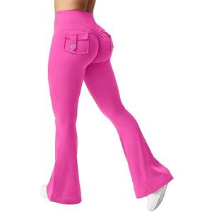 YEOREO CoreFlex Flare Leggings with Pockets for Women Scrunch Workout Leggings Butt Lifting Gym Yoga Pants, Rose Red, 31.5 inseam