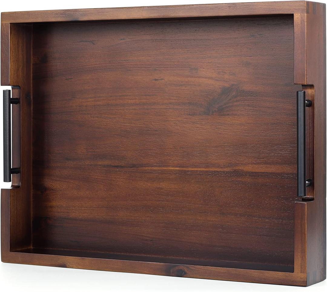 Ottoman Tray, Acacia Wood Serving Tray with Metal Handles, 16.5x12.5in Food Drinks Tray for Coffee Table, Breakfast, Dinner & Bar, Rustic Decorative Storage Tray for Ottoman, Kitchen, Packaging (Vintage Wood Color)