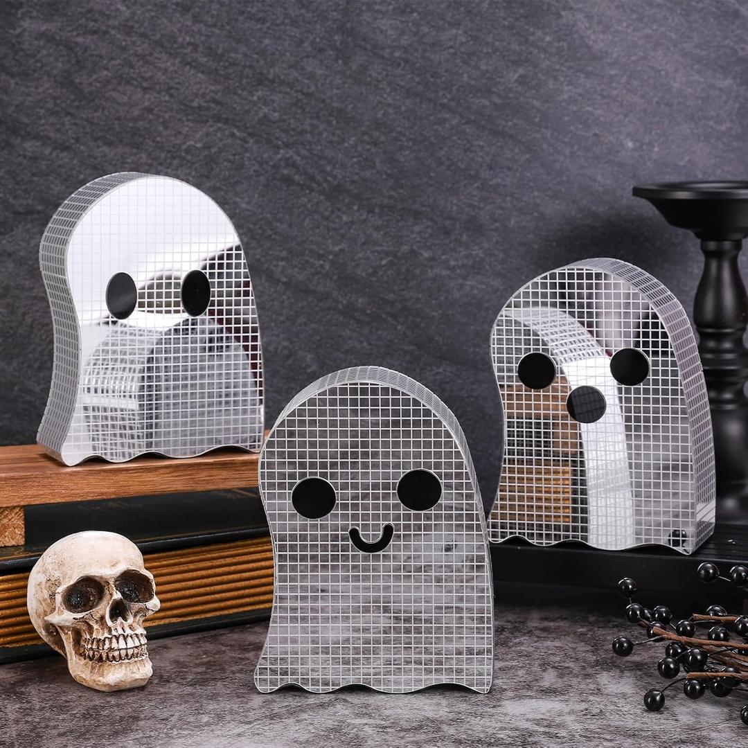 Whaline 3Pcs Halloween Disco Ghost Decor 6 Inch Cute Ghost Disco Ball Table Centerpieces Mosaic Spooky Tiered Tray Decor for Home Kitchen Holiday Set
