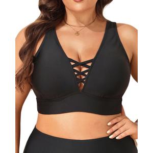 Plus Size Bikini Top Only - Women Swim Bra Lace Up Swimsuit Top V Neck Bathing Suit Tops for Large Bust Swimwear 2025 (Black) 26W